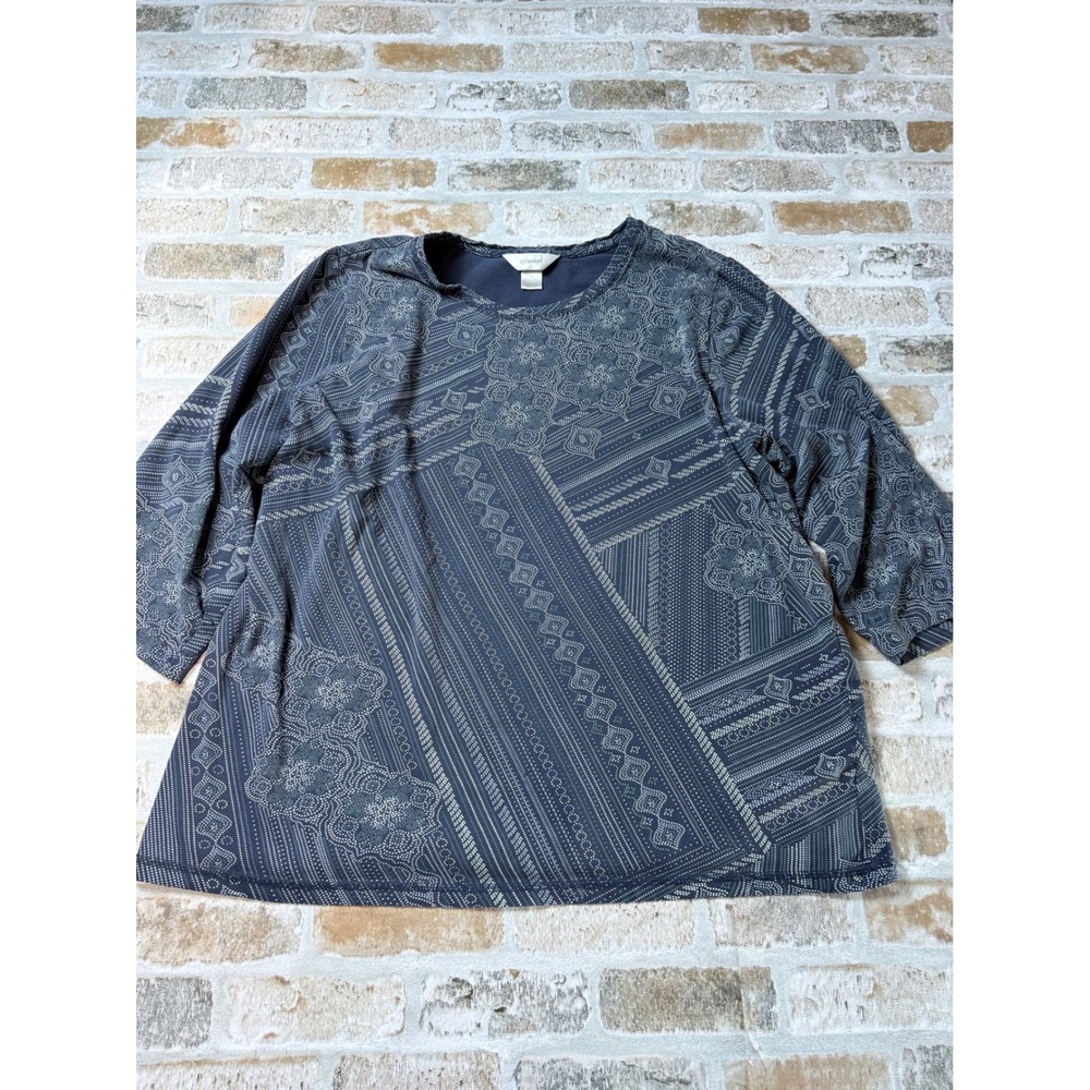 CJ Banks Womens‎ 1X Navy Blue Geometric Floral Tile Print 3/4 Sleeve Top